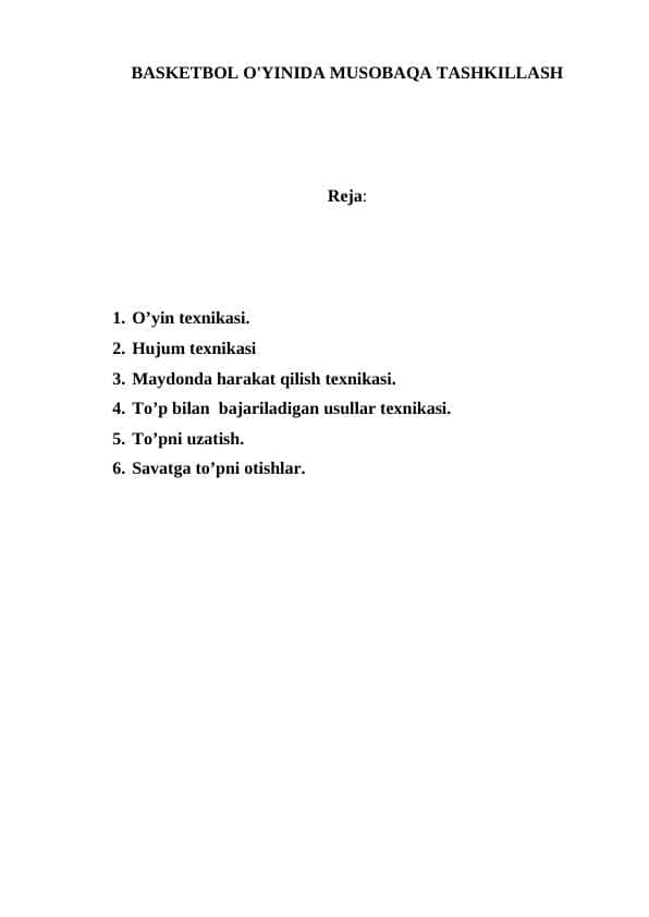 BASKETBOL O'YINIDA MUSOBAQA TASHKILLASH