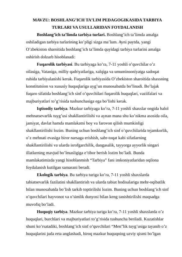 BOSHLANGʼICH TAʼLIM PEDAGOGIKASIDA TARBIYA TURLARI VA USULLARIDAN FOYDALANISH