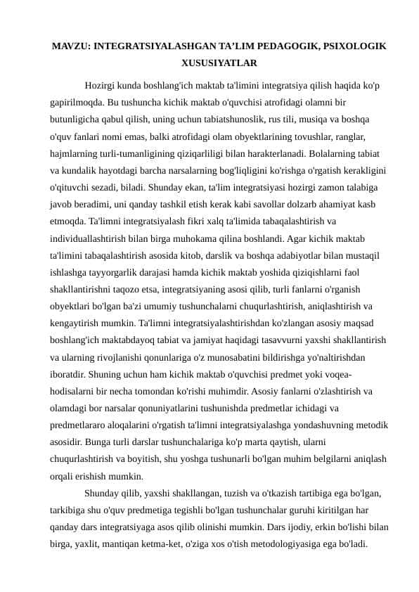 INTEGRATSIYALASHGAN TAʼLIM PEDAGOGIK, PSIXOLOGIK XUSUSIYATLAR