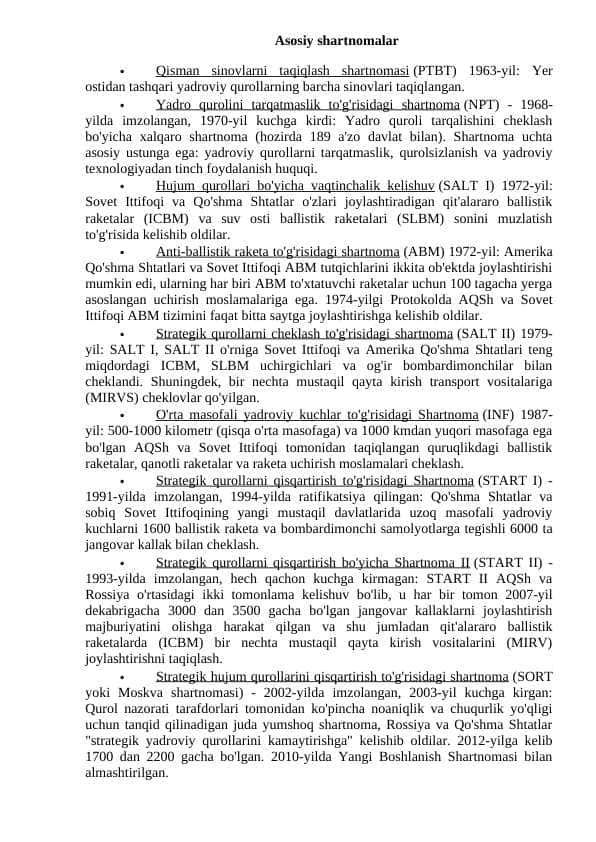 Ikkinchi jahon urushidan hozirgi kunga qadar jahon miqyosidagi asosiy shartnomalar