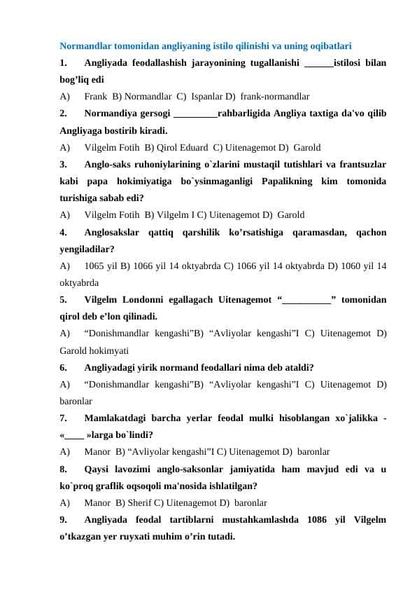 Normandlar tomonidan Angliyaning istilo qilinishi va uning oqibatlari