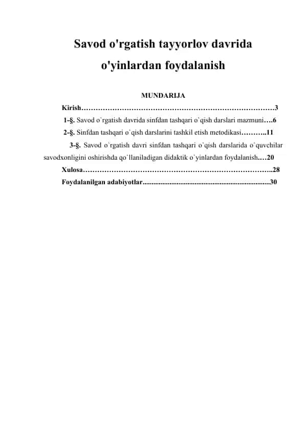 Savod o'rgatish tayyorlov davrida o'yinlardan foydalanish