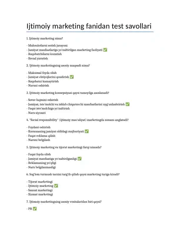 Ijtimoiy marketing fanidan 40 test savollari javoblari bilan