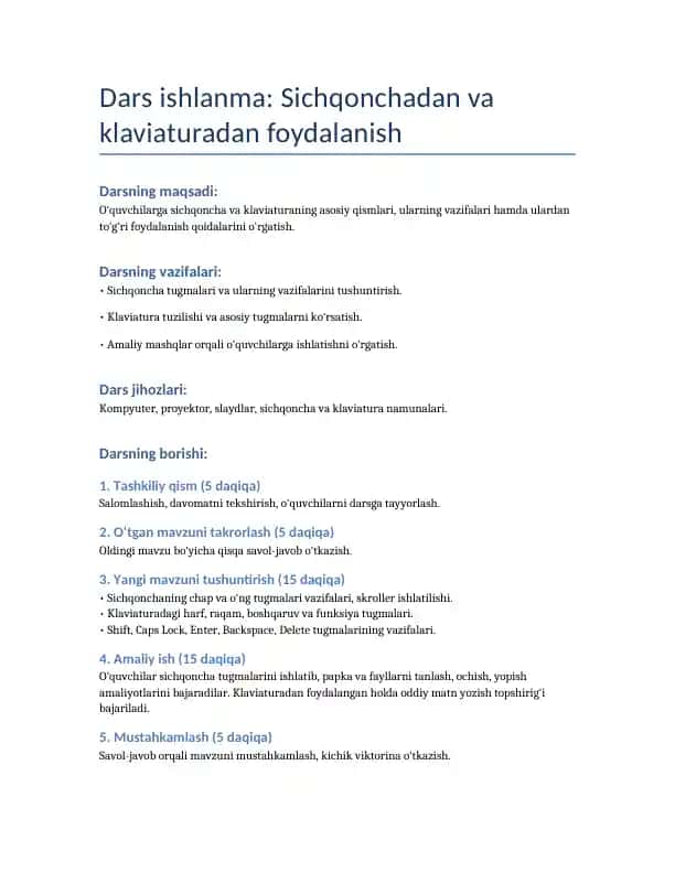 Dars ishlanma: Sichqonchadan va klaviaturadan foydalanish