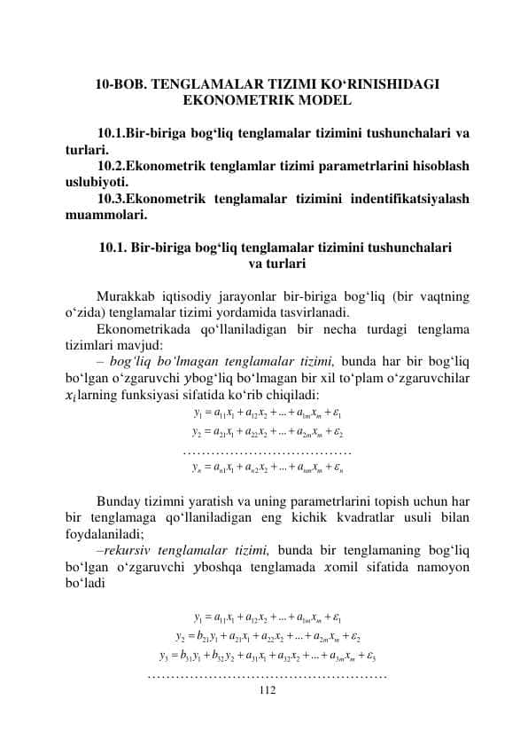 TENGLAMALAR TIZIMI KO‘RINISHIDAGI EKONOMETRIK MODEL