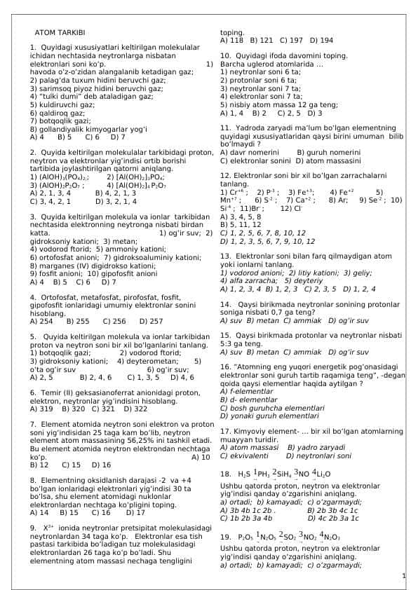 Kimyo fanidan Masalalar to’plami.