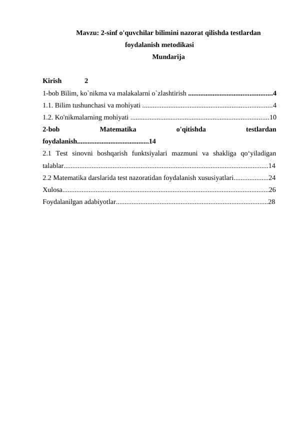 2-sinf o'quvchilar bilimini nazorat qilishda testlardan foydalanish metodikasi
