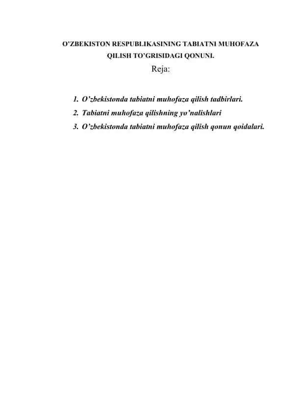 O‘zbekiston Respublikasining Tabiatni Muhofaza Qilish To‘grisidagi Qonuni