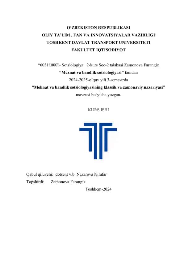 Mehnat va bandlik sotsiologiyasi kurs ishi