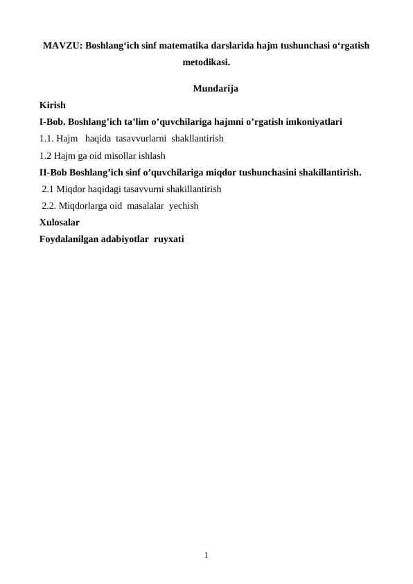 Boshlangʻich sinf matematika darslarida hajm tushunchasi oʻrgatish metodikasi.