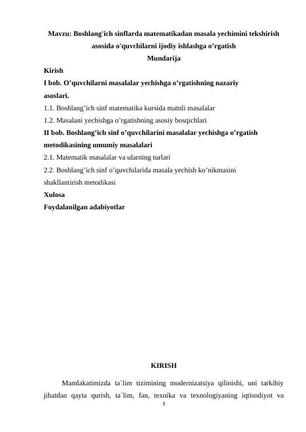 Boshlang'ich sinflarda matematikadan masala yechimini tekshirish asosida o'quvchilarni ijodiy ishlashga o’rgatish