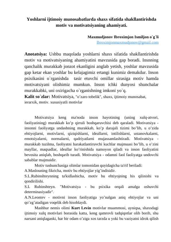 Yoshlarni ijtimoiy munosabatlarda shaxs sifatida shakllantirishda motiv va motivatsiyaning ahamiyati.