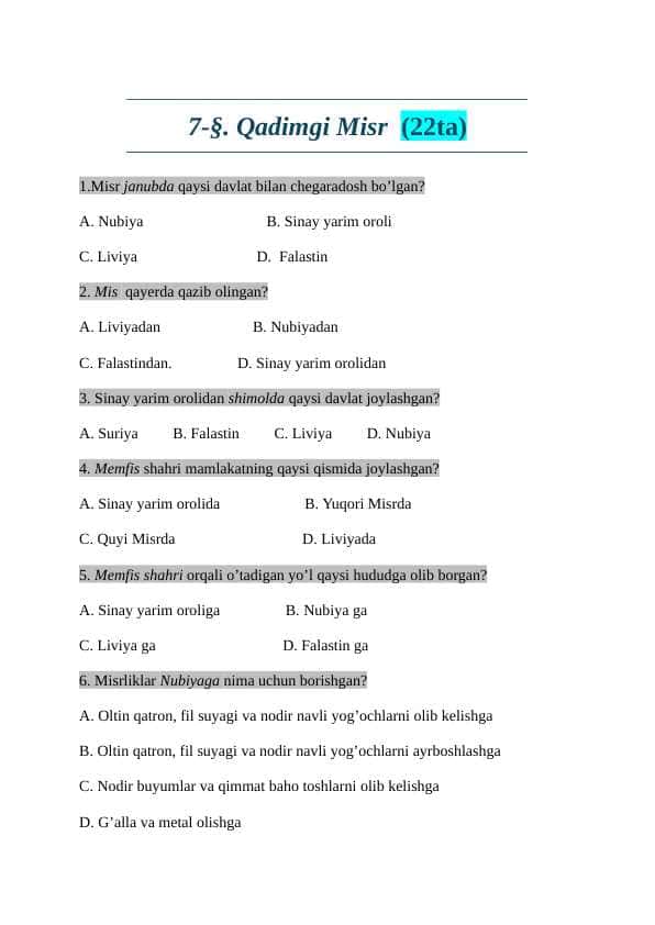 7-sinf tarix testlar javoblari bilan