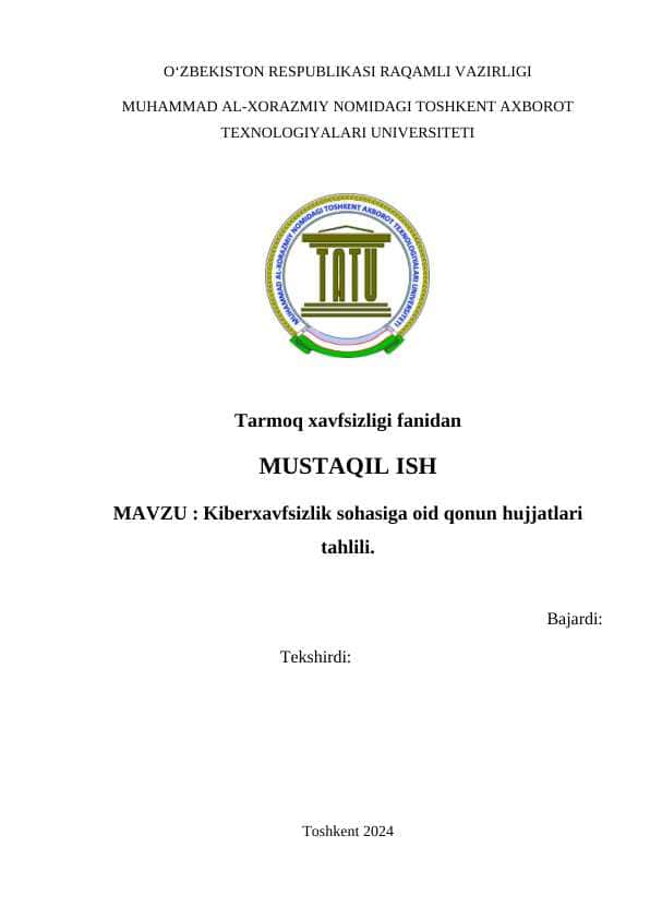 Kiberxavfsizlik sohasiga oid qonun hujjatlari tahlili