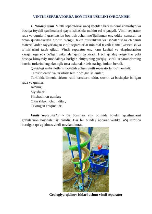 Vintli separatorlarda boyitsih usulini o'rganish
