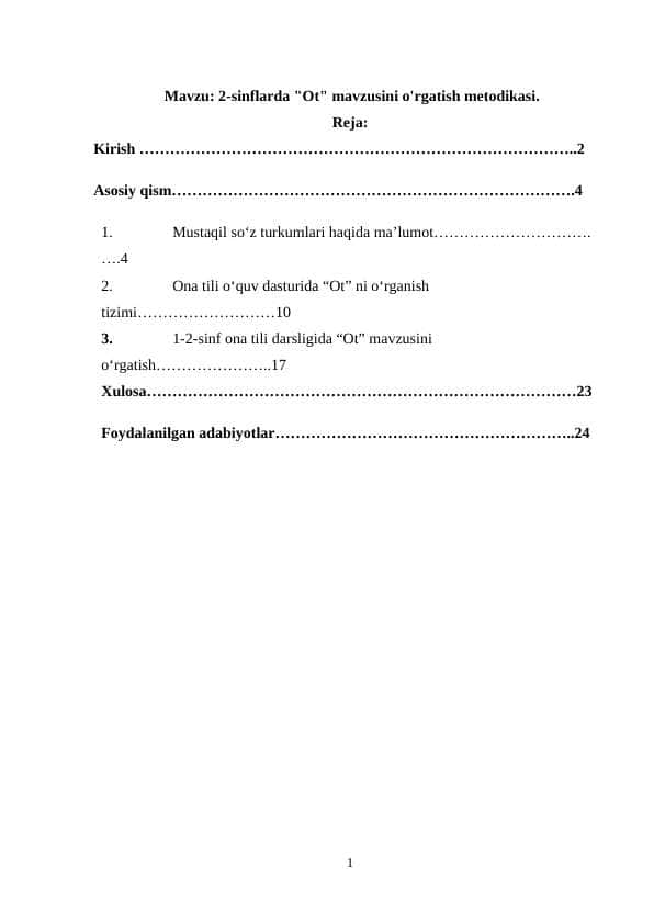 Ot mavzusini o'rgatish metodikasi.