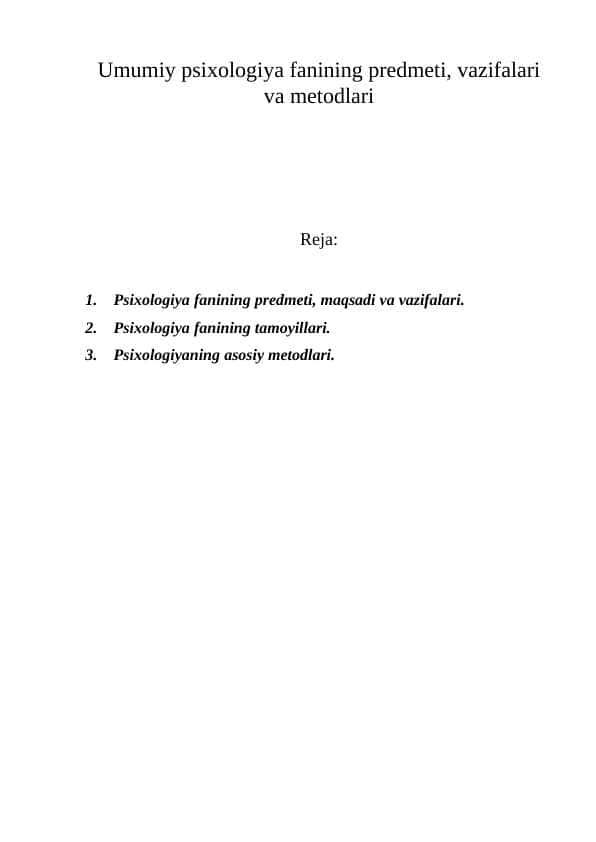 Umumiy psixologiya fanining predmeti, vazifalari va metodlari
