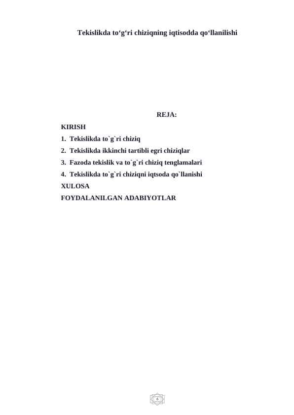 Tekislikda to‘g‘ri chiziqning iqtisodda qo‘llanilishi