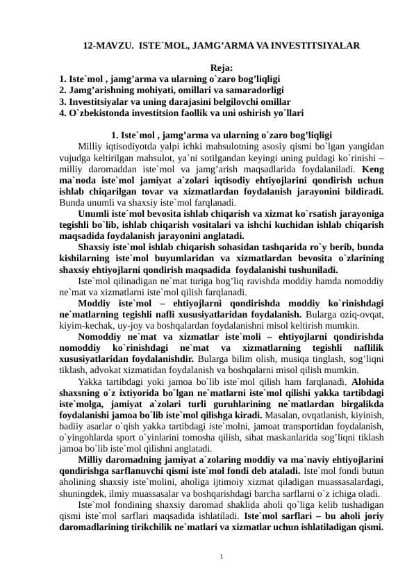Iste`mol, jamg’arma va investitsiyalar
