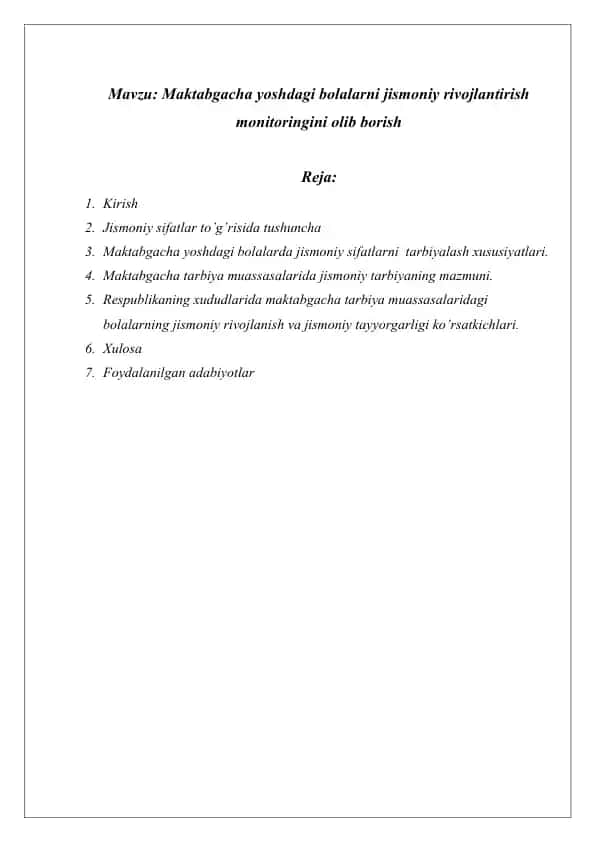 Maktabgacha yoshdagi bolalarni jismoniy rivojlantirish monitoringini olib borish