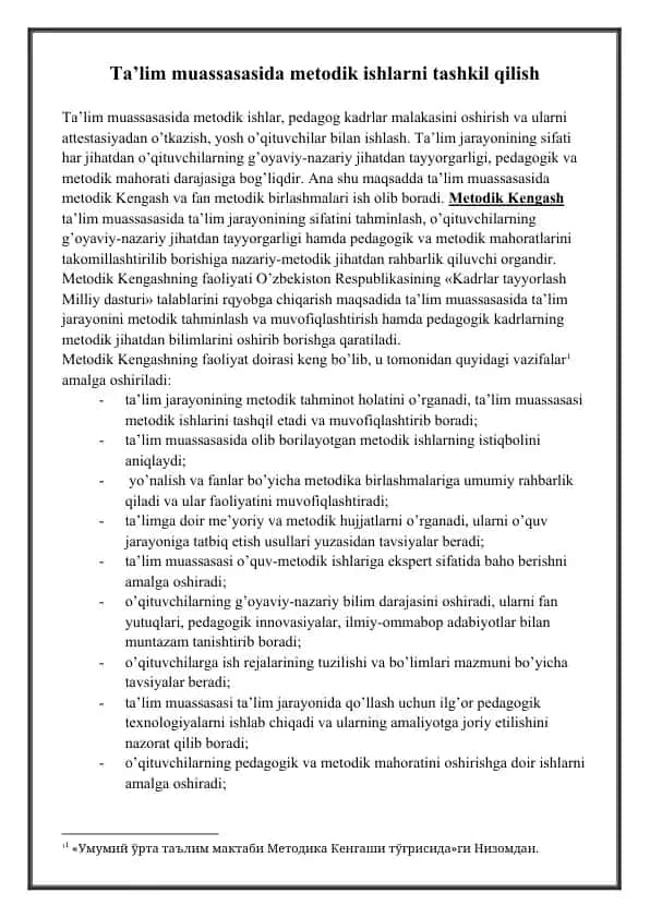 Ta’lim muassasasida metodik ishlarni tashkil qilish