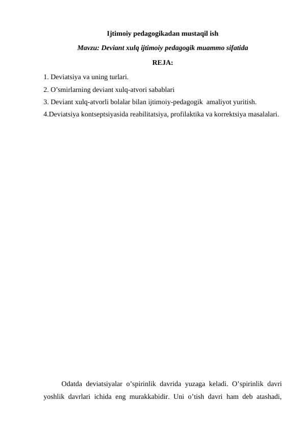 Deviant xulq ijtimoiy pedagogik muammo sifatida