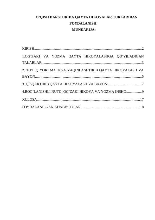 O’QISH DARSTURIDA QAYTA HIKOYALAR TURLARIDAN FOYDALANISH