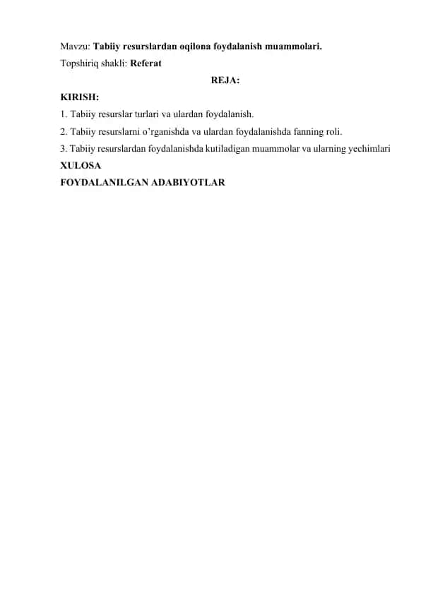 Tabiiy resurslardan oqilona foydalanish muammolari