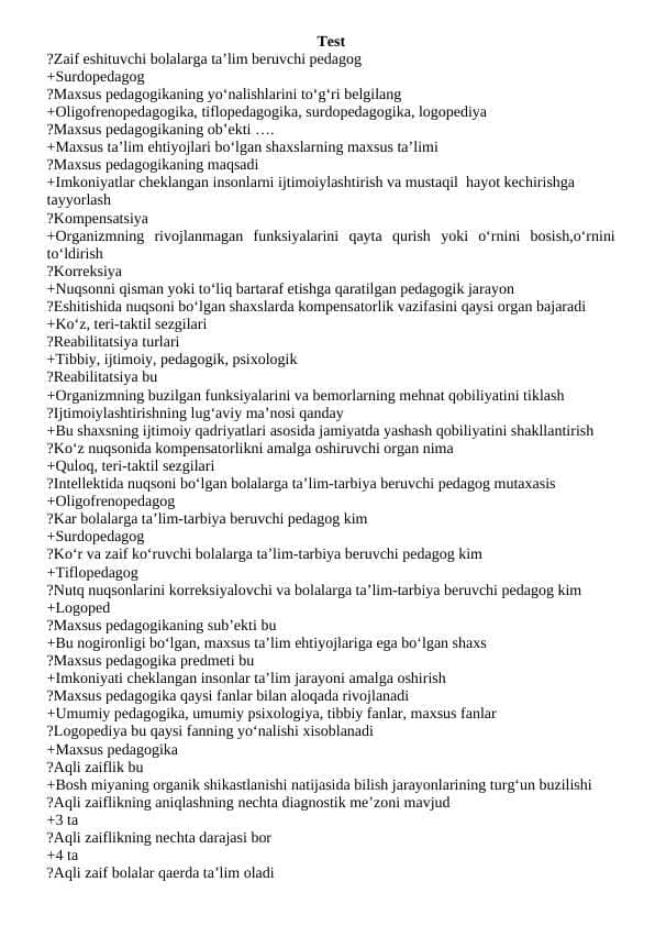 Maxsus pedagogika test savollari javoblari bilan