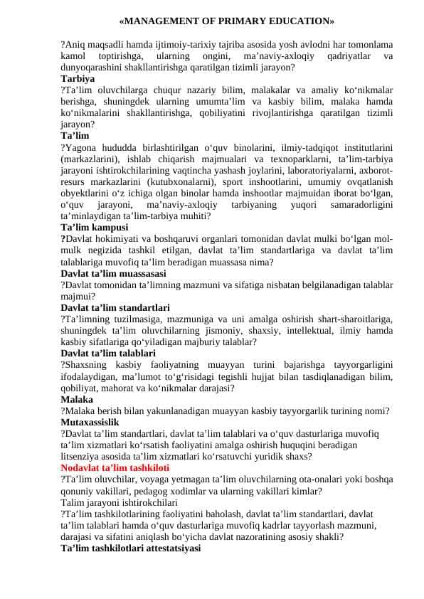 Menejment fanidan test savollari javoblari bilan