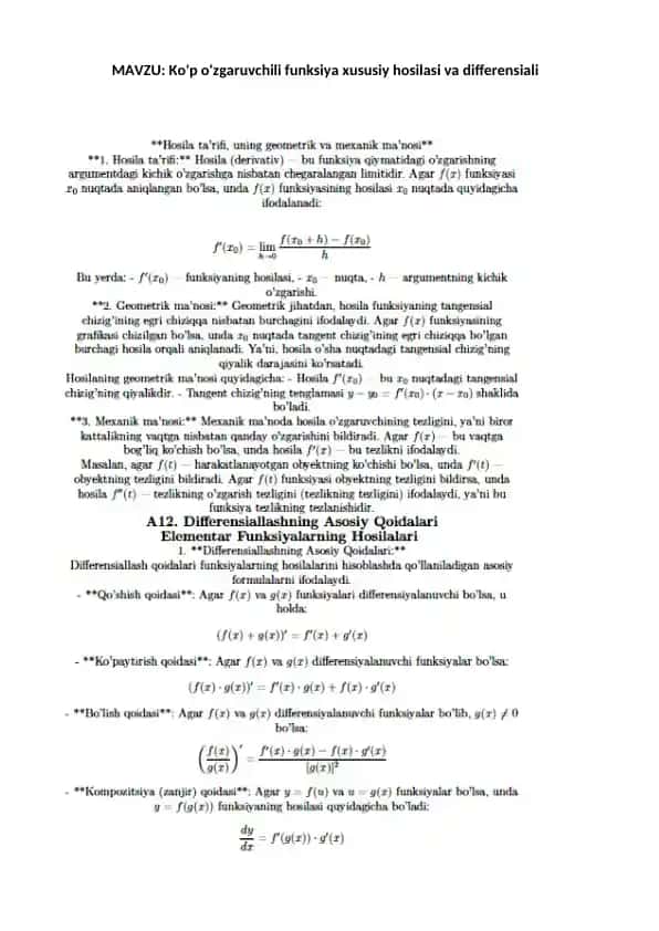 Ko'p o'zgaruvchili funksiya xususiy hosilasi va differensiali