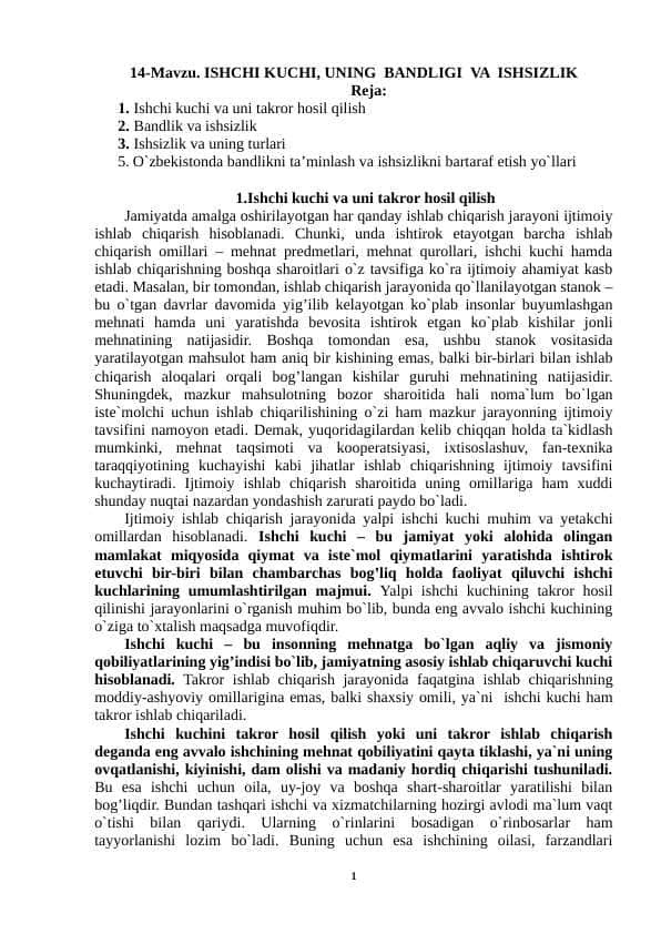 Ishchi kuchi, uning bandligi va ishsizlik