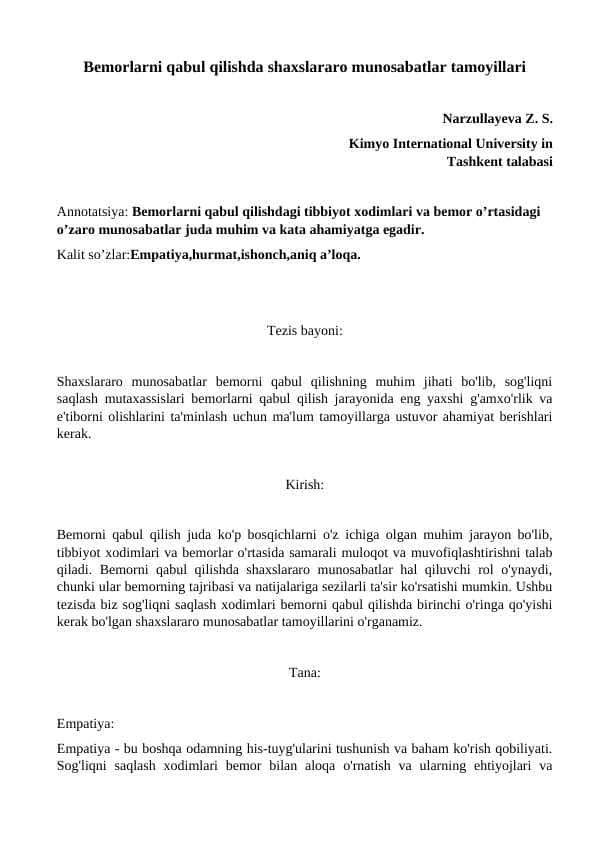 Bemorlarni qabul qilishda shaxslararo munosabatlar tamoyillari