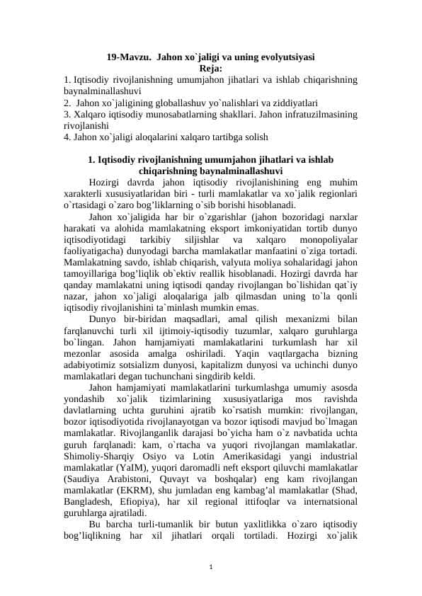 Jahon xo`jaligi va uning evolyutsiyasi
