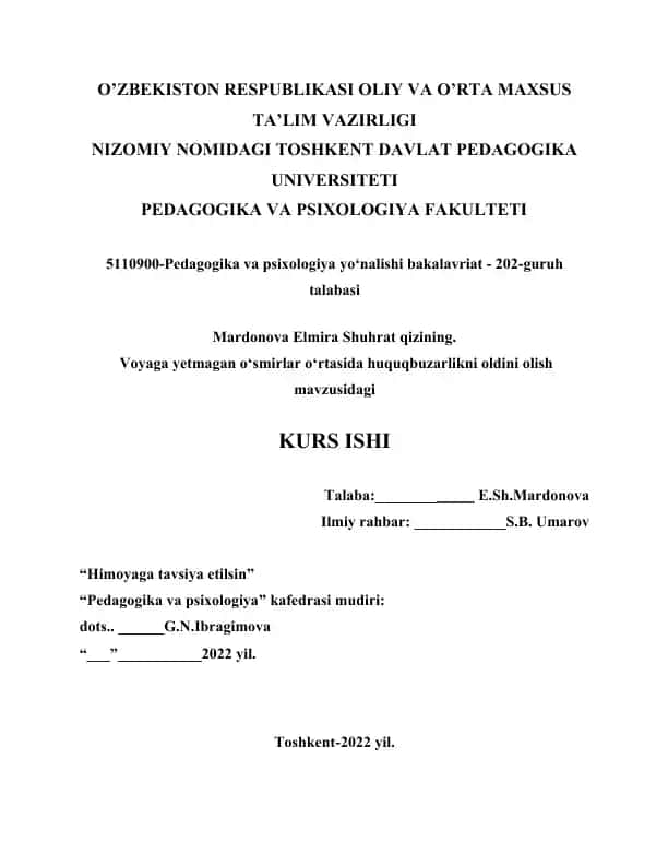 Voyaga Yetmagan O‘smirlar O‘rtasida Huquqbuzarlikni Oldini Olish