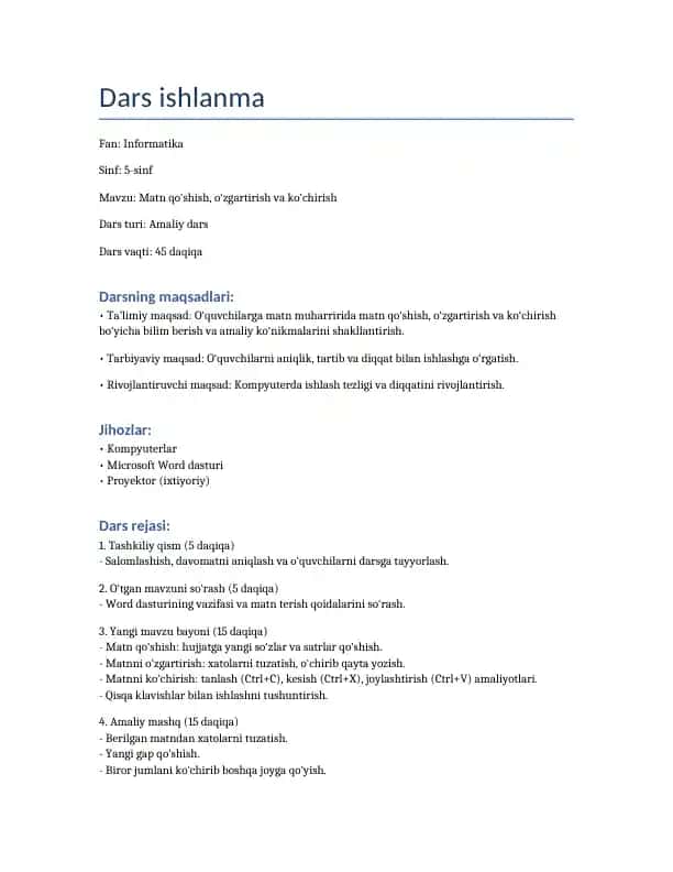 O‘quvchilarga matn muharririda matn qo‘shish, o‘zgartirish va ko‘chirish bo‘yicha