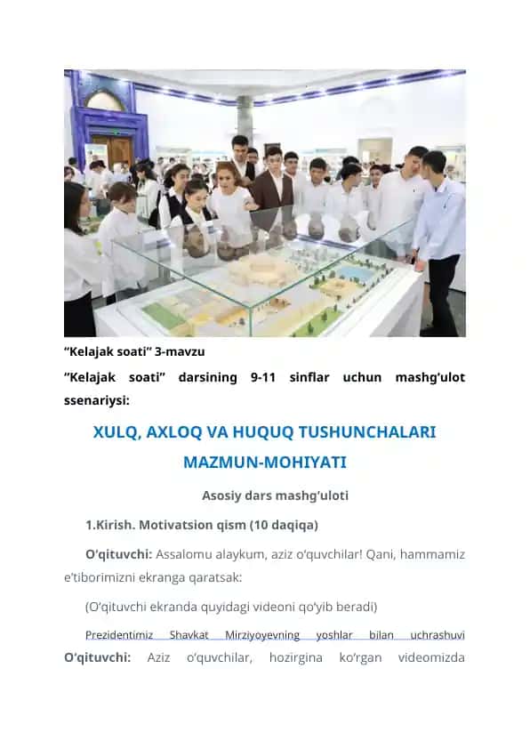 "Kelajak soati" darsining 9-11 sinf mashg'ulot ssenariysi