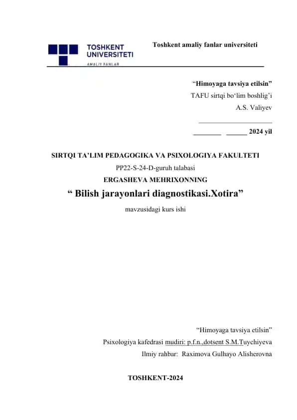 Bilish jarayonlari diagnostikasi.Xotira