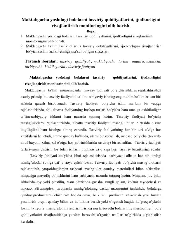Maktabgacha yoshdagi bolalarni tasviriy qobiliyatlarini, ijodkorligini rivojlantirish monitoringi