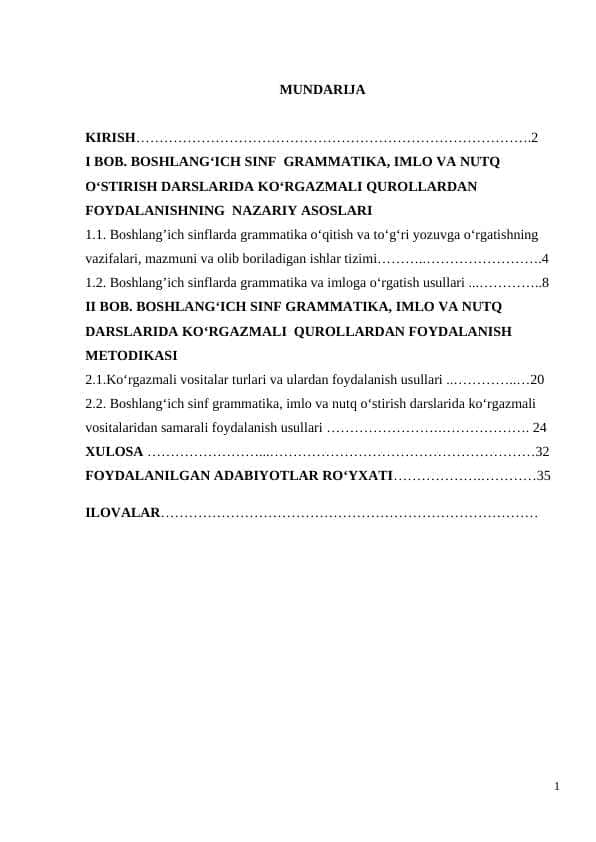 Boshlangʻich sinf grammatika, imlo va nutq oʻstirish darslarida koʻrgazmali qurollardan foydalanish
