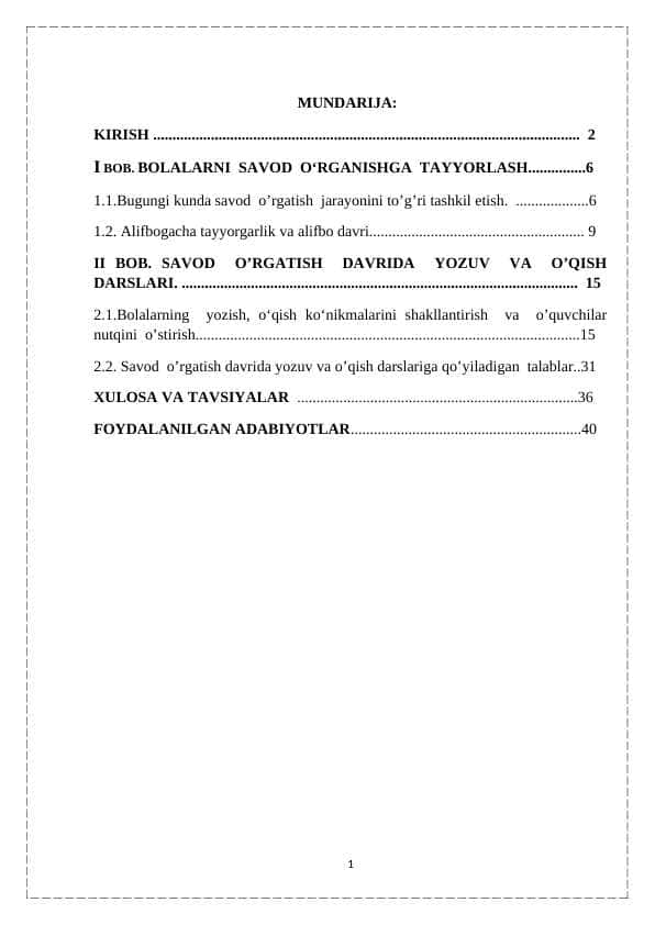 BOLALARNI SAVOD OʻRGATISHGA TAYYORLASH