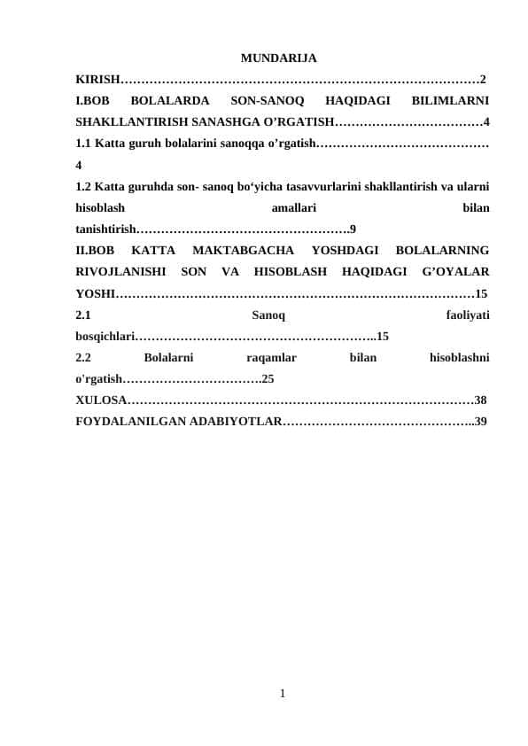 BOLALARDA SON SANOQ HAQIDA BILIMLARNI SHAKLLANTIRISH SANASHGA OʻRGATISH