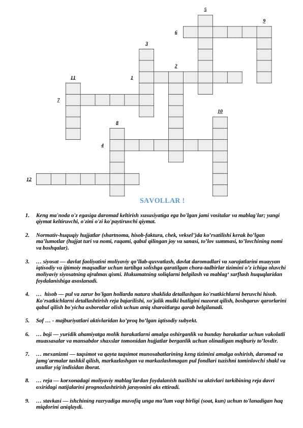 Moliya krossword