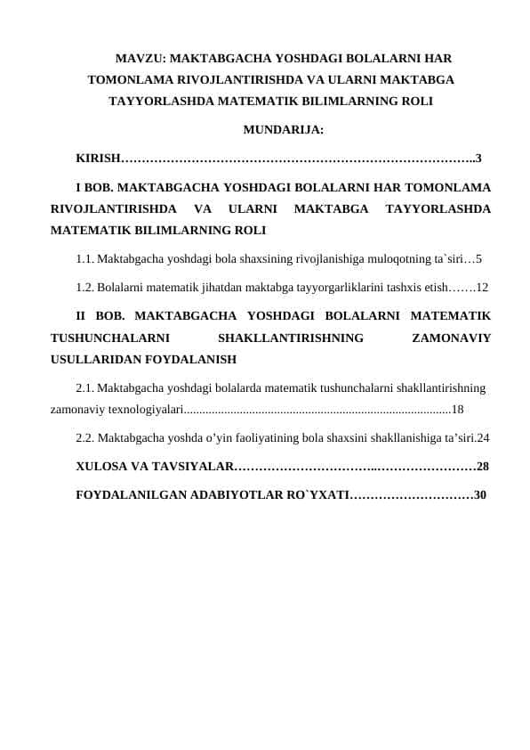 MAKTABGACHA YOSHDAGI BOLALARNI HAR TOMONLAMA RIVOJLANTIRISH