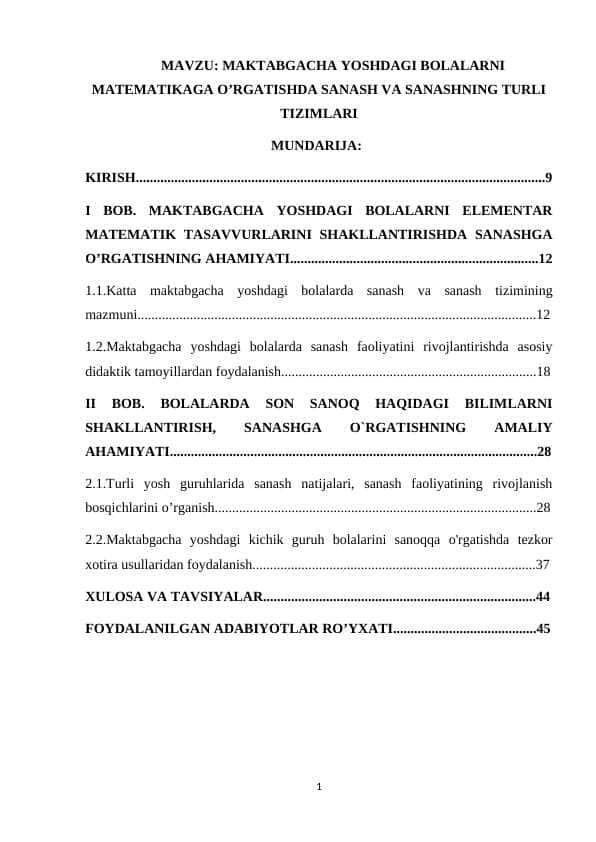 MAKTABGACHA YOSHDAGI BOLALARNI MATEMATIKA OʻRGATISHDA SANASH VA SANASHNING TURLI TIZIMLARI