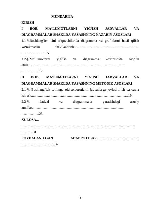 MAʼLUMOTLARNI YIGʻISH JADVALLAR VA DIAGRAMMALAR SHAKLIDA YASASH