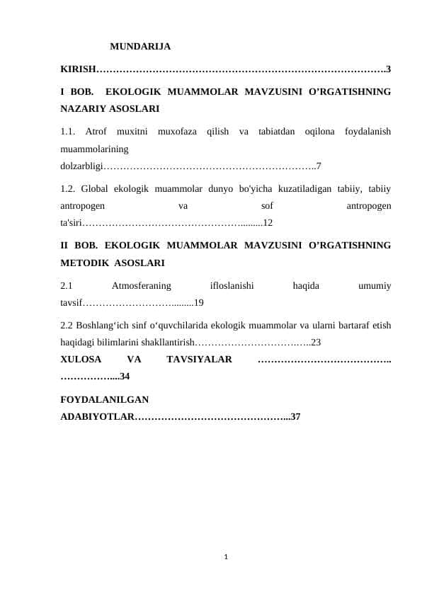 EKOLOGIK MUAMMOLAR MAVZUSINI OʻRGATISHNING NAZARIY ASOSLARI