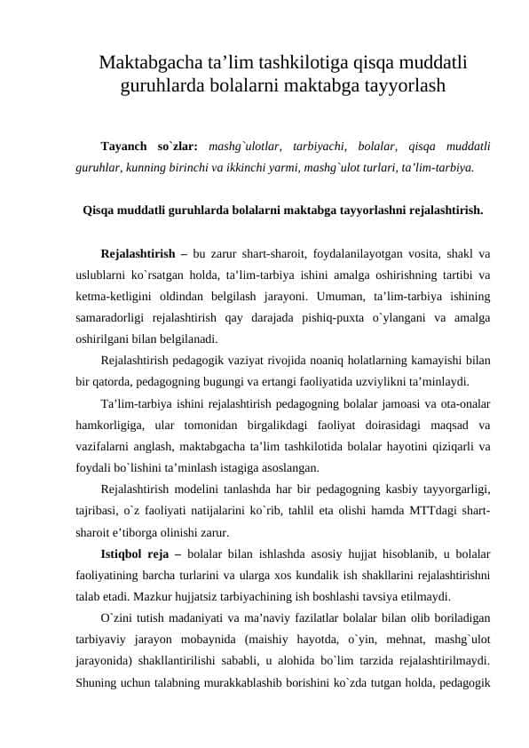 Maktabgacha ta’lim tashkilotiga qisqa muddatli guruhlarda bolalarni maktabga tayyorlash