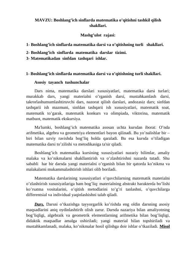 Boshlang’ich sinflarda matеmatika o’qitishni tashkil qilish shakllari.