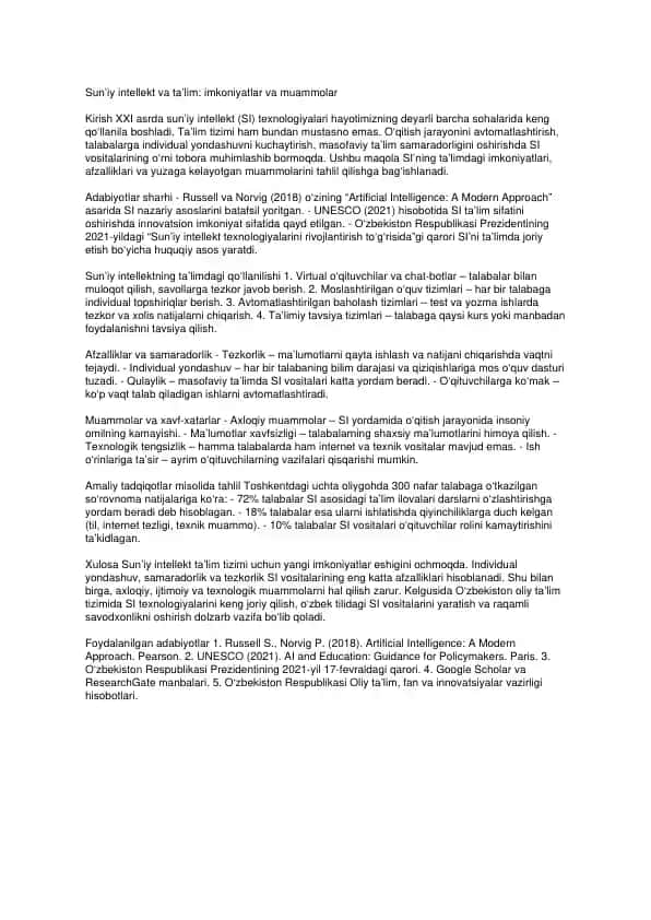 Sun’iy intellekt va ta’lim: imkoniyatlar va muammolar